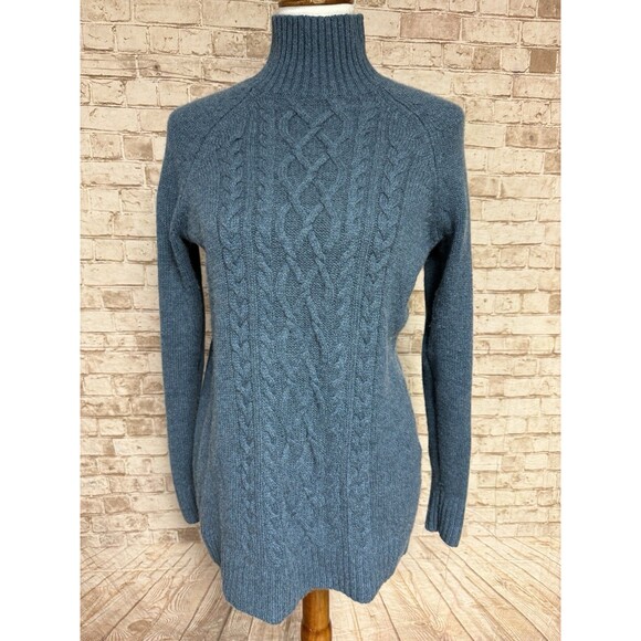 Garnet Hill 100% Cashmere Sweater Cable Knit Turtleneck Teal Blue Size XS - Picture 1 of 9